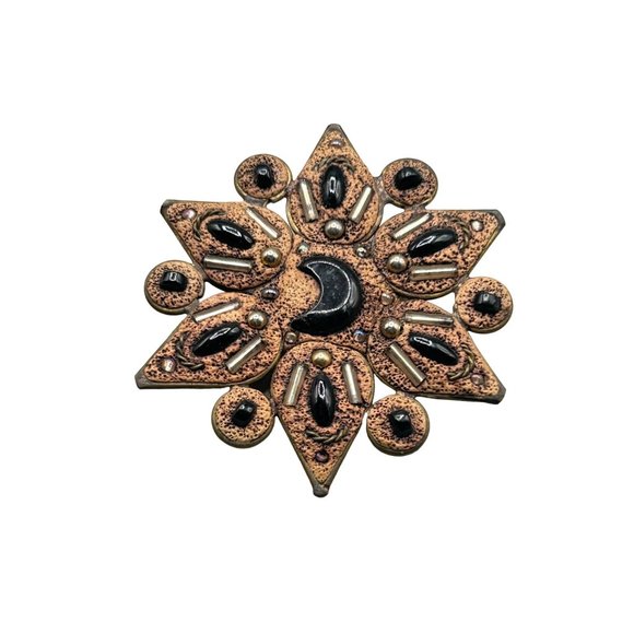 Handcrafted Sunburst Clay Pin Sun Moon Brown Black Colors Handmade 70s Jewelry - Picture 1 of 5